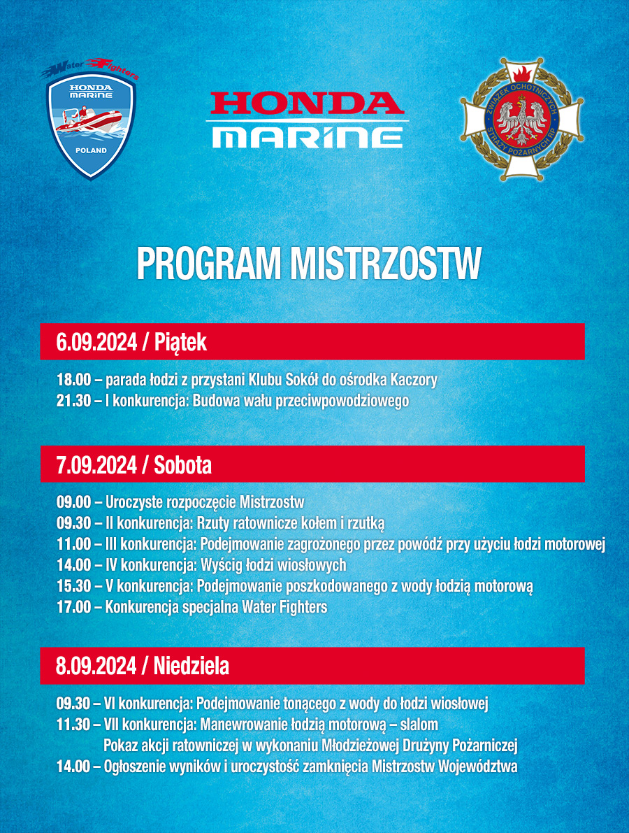 Program Mistrzostw województwa warmińsko-mazurskiego Strażaków Ochotników w Ratownictwie Wodnym i Powodziowym!